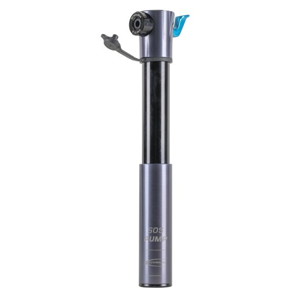 Schwalbe minipomp Sos Pump van 129 mm in donkergrijs aluminium, compacte fietspomp voor snel banden oppompen