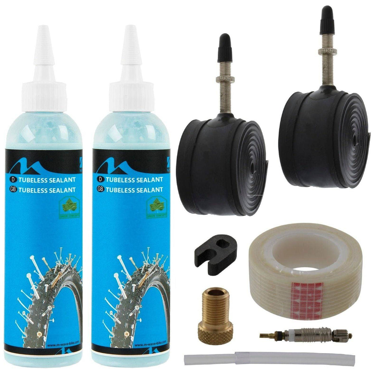 M-Wave Eco tubeless kit voor 26-29 inch met twee flessen afdichtingsvloeistof en Frans ventiel, geschikt voor tubeless banden.