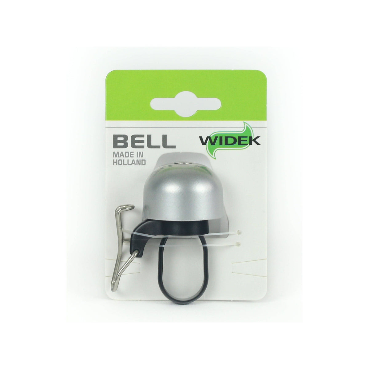 Zilveren Widek mini paperclip fietbel met Ø35 mm belknop voor fietsaccessoires, compacte en stevige fietsbel.
