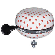 Basil Big Bell Polkadot fietsbellen met 80 mm diameter en Ding-Dong geluid, kleurrijke polkadot design op de fiets.