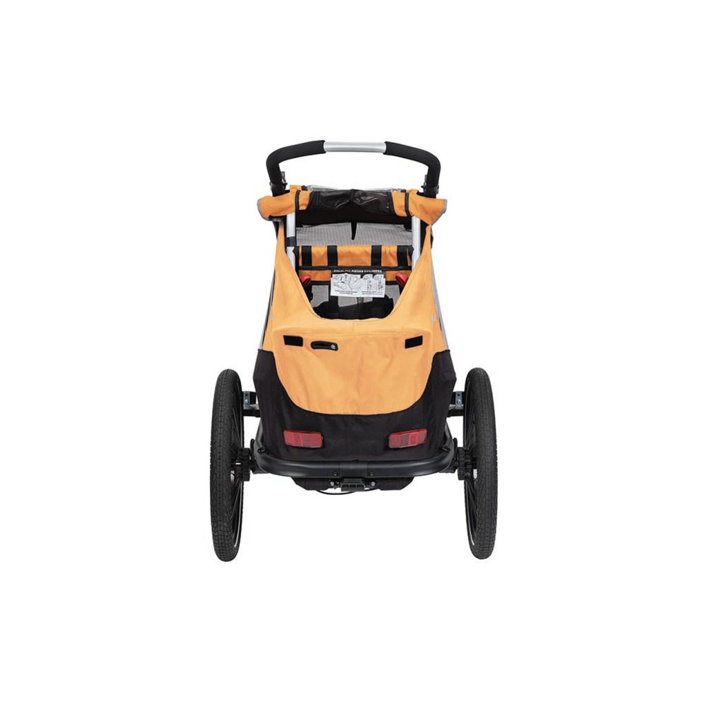 Oranje XLC Mono S Bs-C09 kinderfietskar voor één persoon, geschikt voor comfortabel transport met fiets.