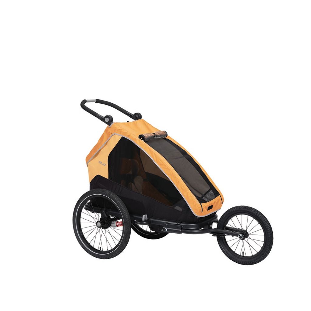 Oranje XLC Mono S Bs-C09 kinderfietskar voor één persoon, zichtbaar met stevige constructie en veiligheidsriemen
