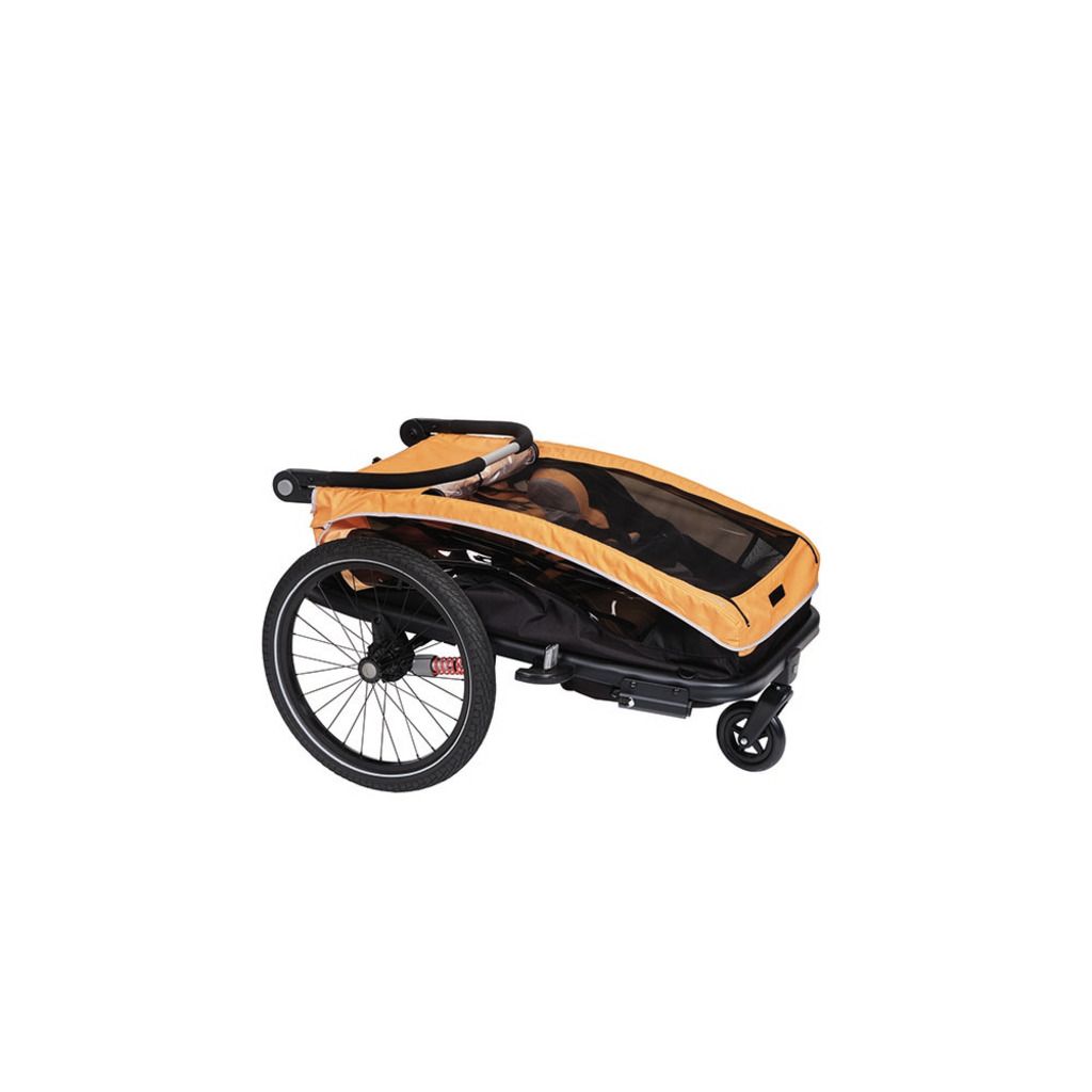 Oranje XLC kinderfietskar Duo S BS-C10 voor twee kinderen, stevig en veilig, met windscherm en comfortabele zitplaatsen.