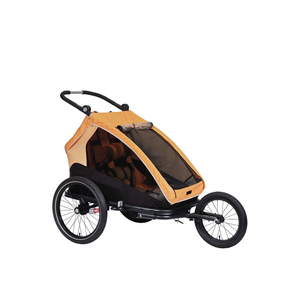 XLC Kinderfietskar Duo S BS-C10 in oranje, ruime fietskar voor twee kinderen, met stevige constructie en veiligheidsriemen