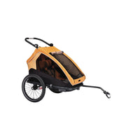 Oranje XLC Duo S BS-C10 kinderfietskar met twee zitplaatsen en veiligheidsriemen, geschikt voor jonge kinderen.