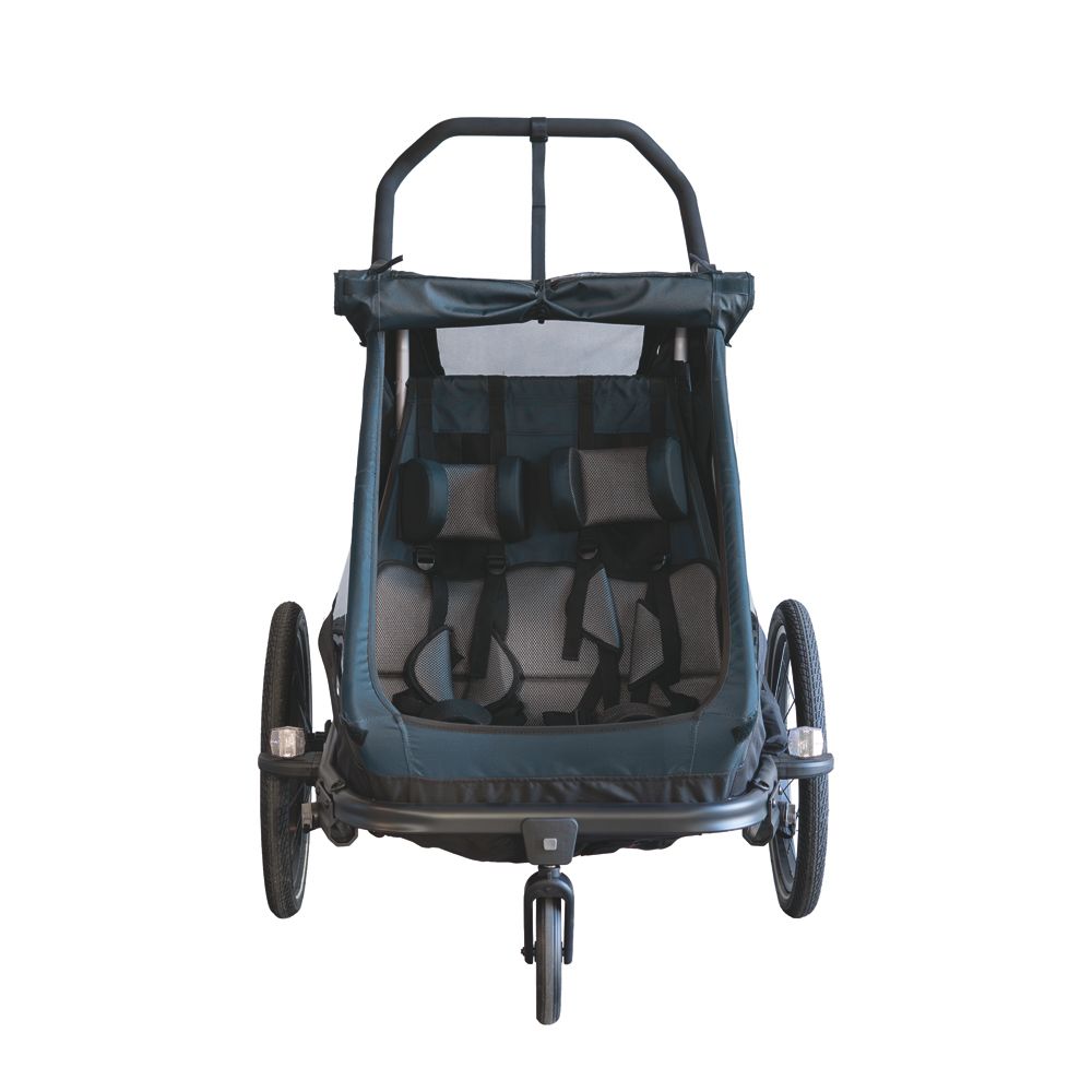 Kinderfietskar XLC Duo T BS-K02 voor twee kinderen in petrol, met rugleuningen en veiligheidsgordels.