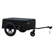 Zwarte XLC Cargo BS-C11 fietskar met 16-inch wielen, inklapbaar en geschikt voor transportkarren, op een vlakke ondergrond.