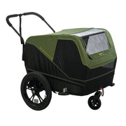 Zwarte en groene inklapbare hondenfietskar van XLC met 16-inch wielen, geschikt voor honden en fietsen.