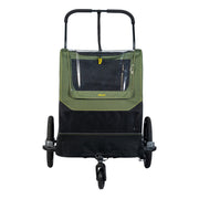 Zwarte en groene XLC hondenfietskar L BS-C13 met rits en ventilatie voor honden, geschikt voor fietsgebruik.