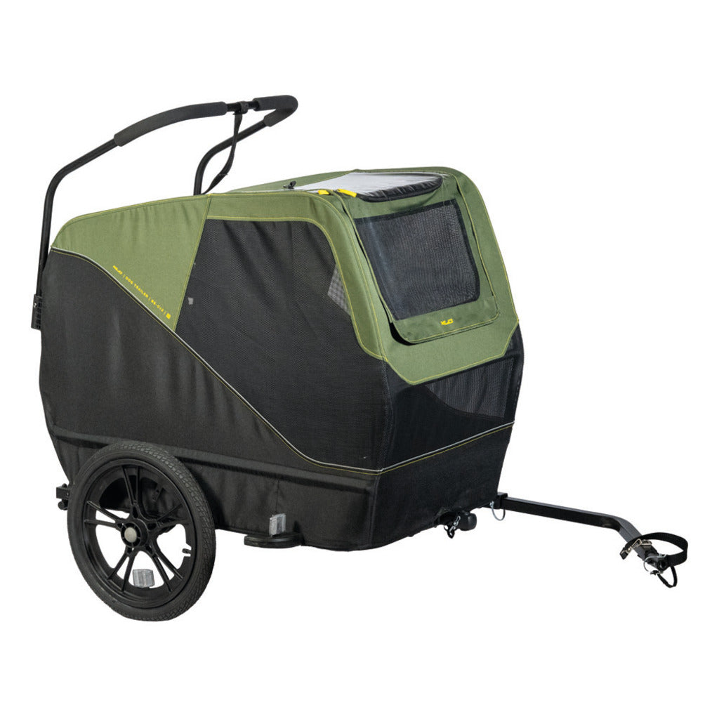 Zwarte en groene XLC hondenfietskar Dog L BS-C13 met raam en stevige frame voor comfortabel vervoer van honden.