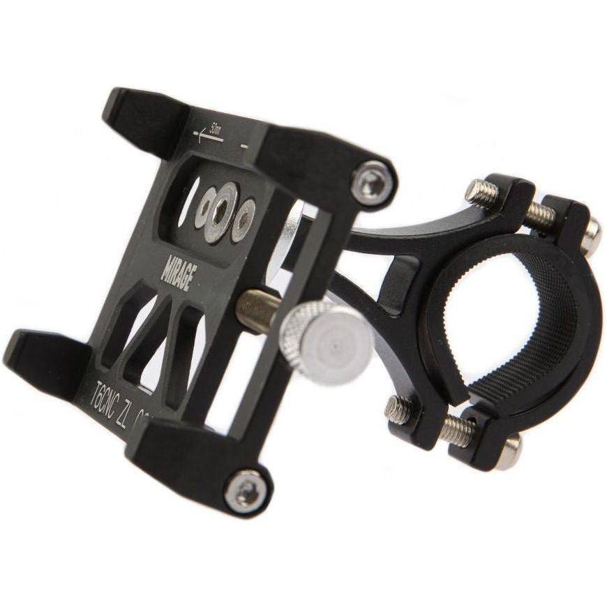 Zwarte Mirage G20 aluminium fietstelefoonhouder met diameter van 22-25,4 mm, geschikt voor veilige montage op de fiets.