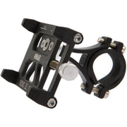 Zwarte Mirage G20 aluminium fietstelefoonhouder met diameter van 22-25,4 mm, geschikt voor veilige montage op de fiets.