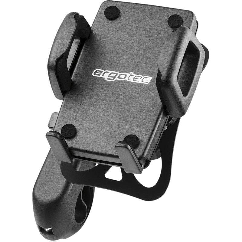 Zwarte Ergotec fiets telefoonhouder voor stuurbuis Ø22,2/Ø31,8 mm, stevig en gemakkelijk te bevestigen.