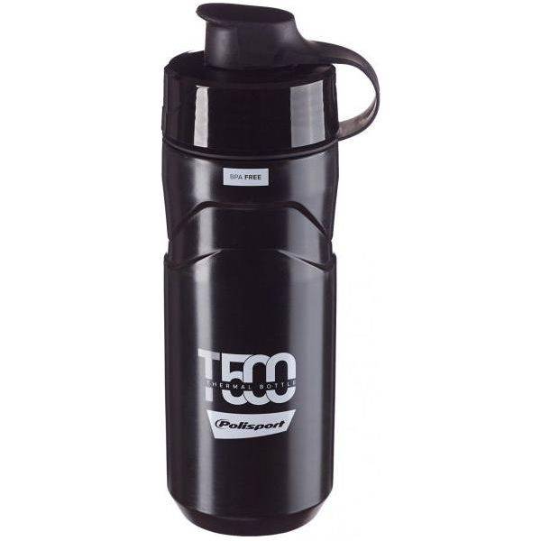 Polisport T500 Thermo bidon 500/650 ml in zwart en grijs, isolerend drinkfles voor 4 uur gebruik, op een fiets.