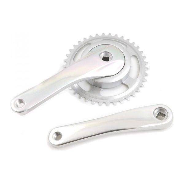 Zilveren Gazelle stadsfiets crankstel 38T van aluminium, 170 mm lengte, zichtbaar op de afbeelding.
