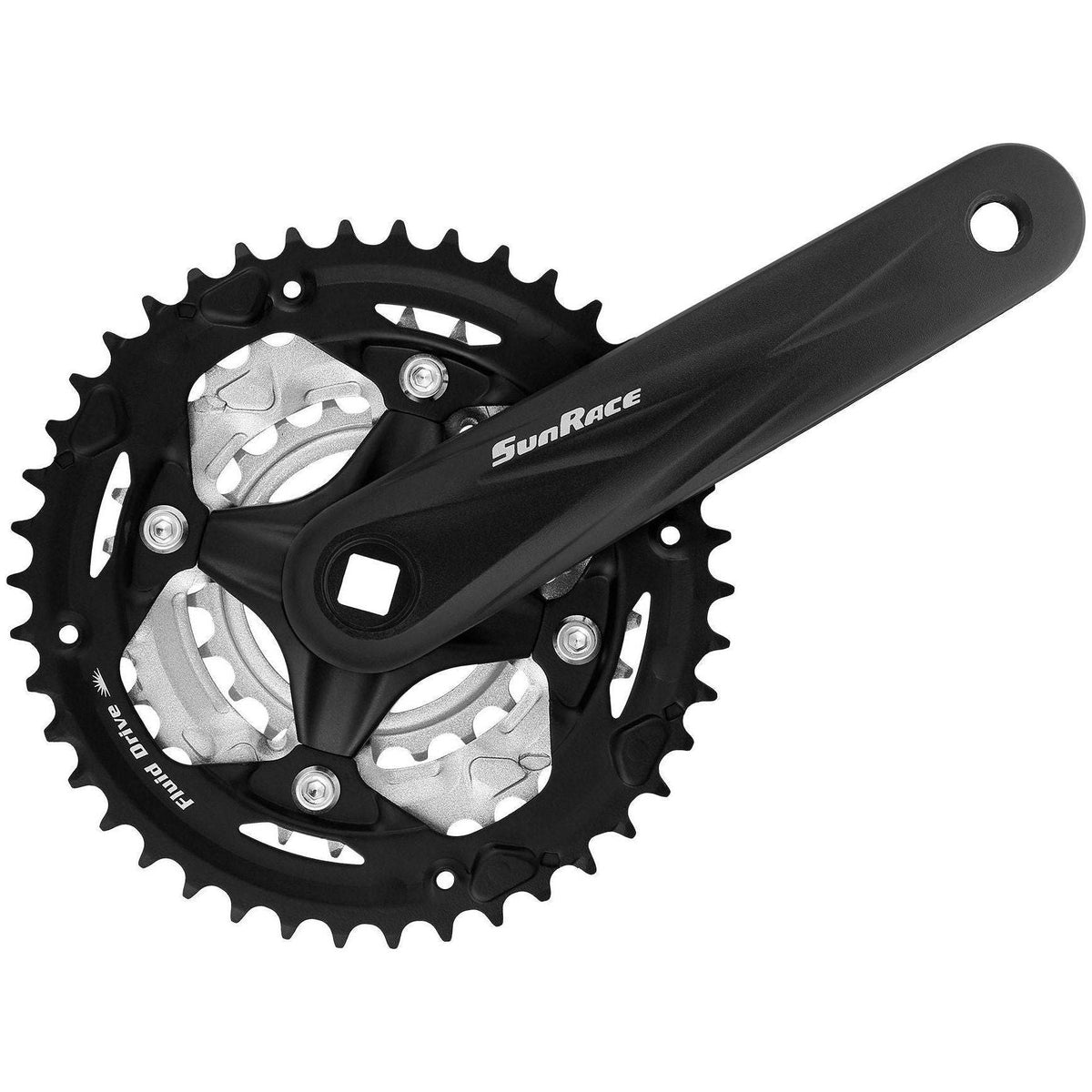 Zwart Sunrace trekking crankstel Fcm600 42-32-22T met vierkante as en 170 mm lengte, zichtbaar in de afbeelding.