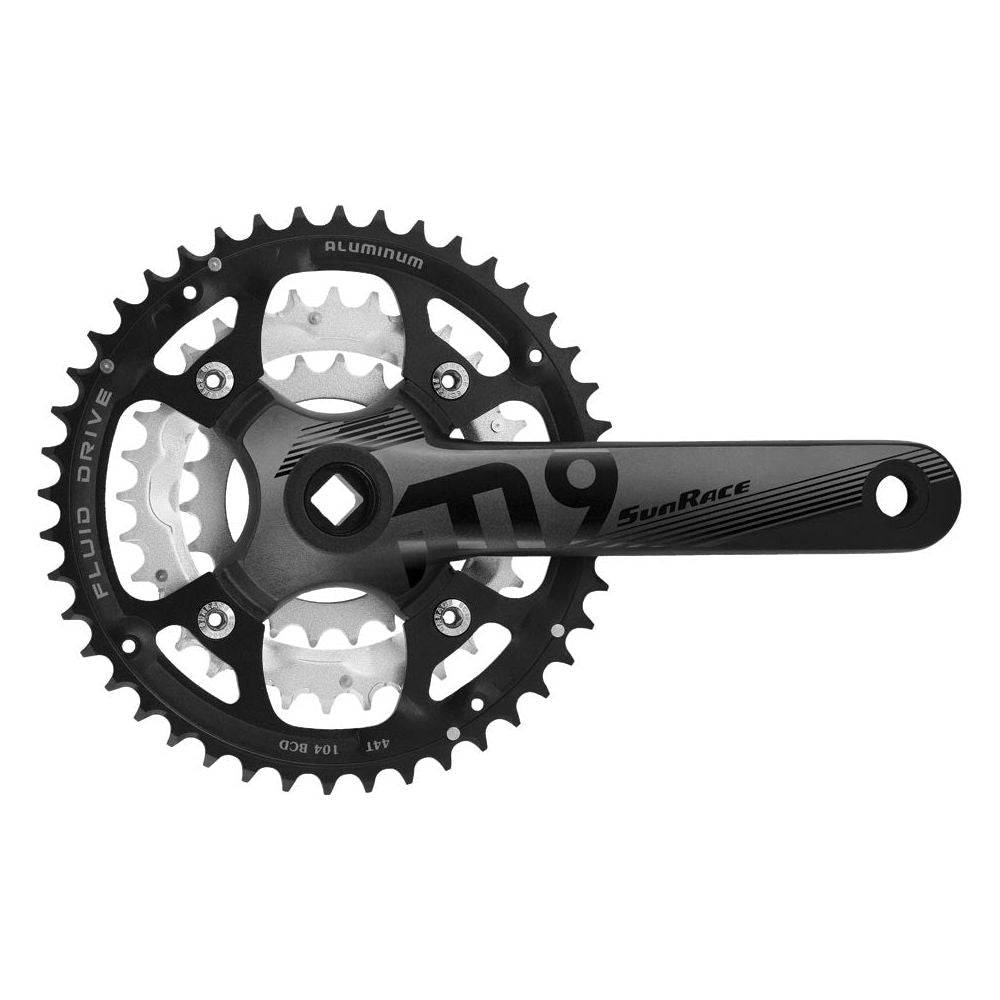 Sunrace trekking crankstel Fcm914 aluminium, 9-speed, 175mm, 44-32-22T, vierkante as voor fietsen, zwart en robuust.