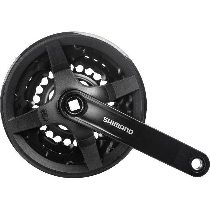 Shimano Tourney FC-Ty301 trekking crankstel 150 mm met 42-34-24T kettingbladen in zwart, zichtbaar met crankarm en tandwielen