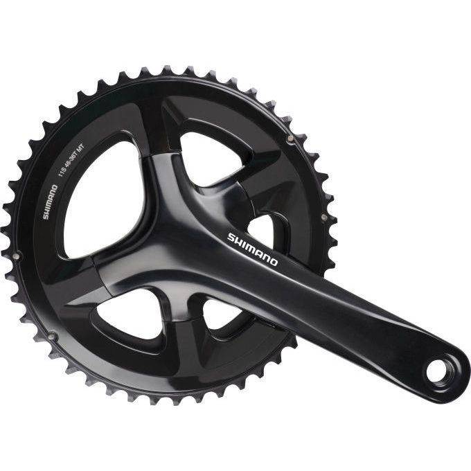 Shimano FC-RS510 racefiets crankstel 2x11 in zwart, close-up van de racefiets crankset met kettingbladen.