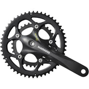 Shimano Sora FC-RS345 racefiets crankstel 50-34T 2x9 Octalink in zwart, zichtbaar op de afbeelding.