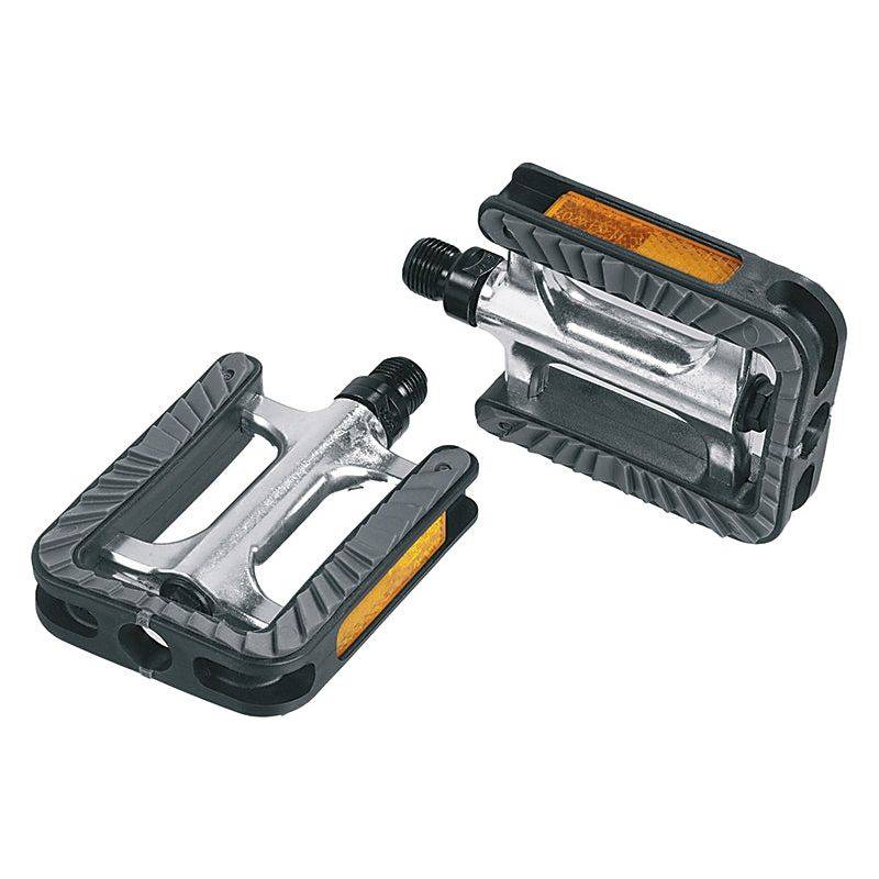 Zilveren en zwarte Ergotec pedaalset 191 met anti-slip oppervlak en industriële lagers, ideaal voor stevige fietsconsumenten.