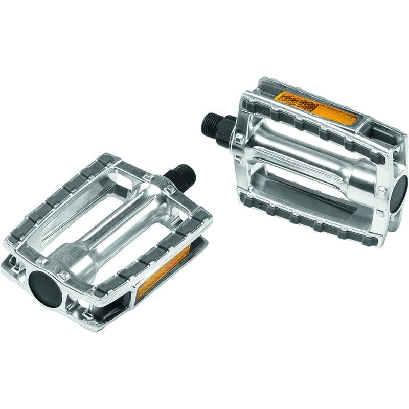 Zilveren/grijze Ergotec pedaalset 658 met reflector, geschikt voor 9/16 inch cranks, zichtbaar met reflectoren en pedaalplatform