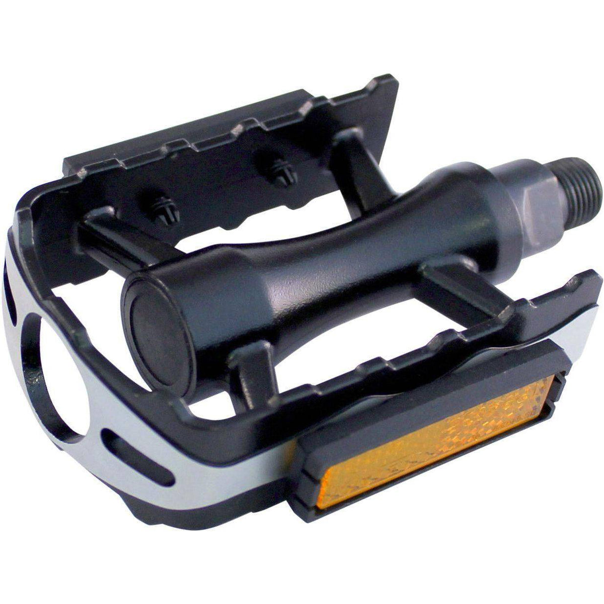 Zwarte Marwi SP-610 aluminium pedaalset voor fietsen, zichtbare pedalen met antislip oppervlak en duurzame constructie.