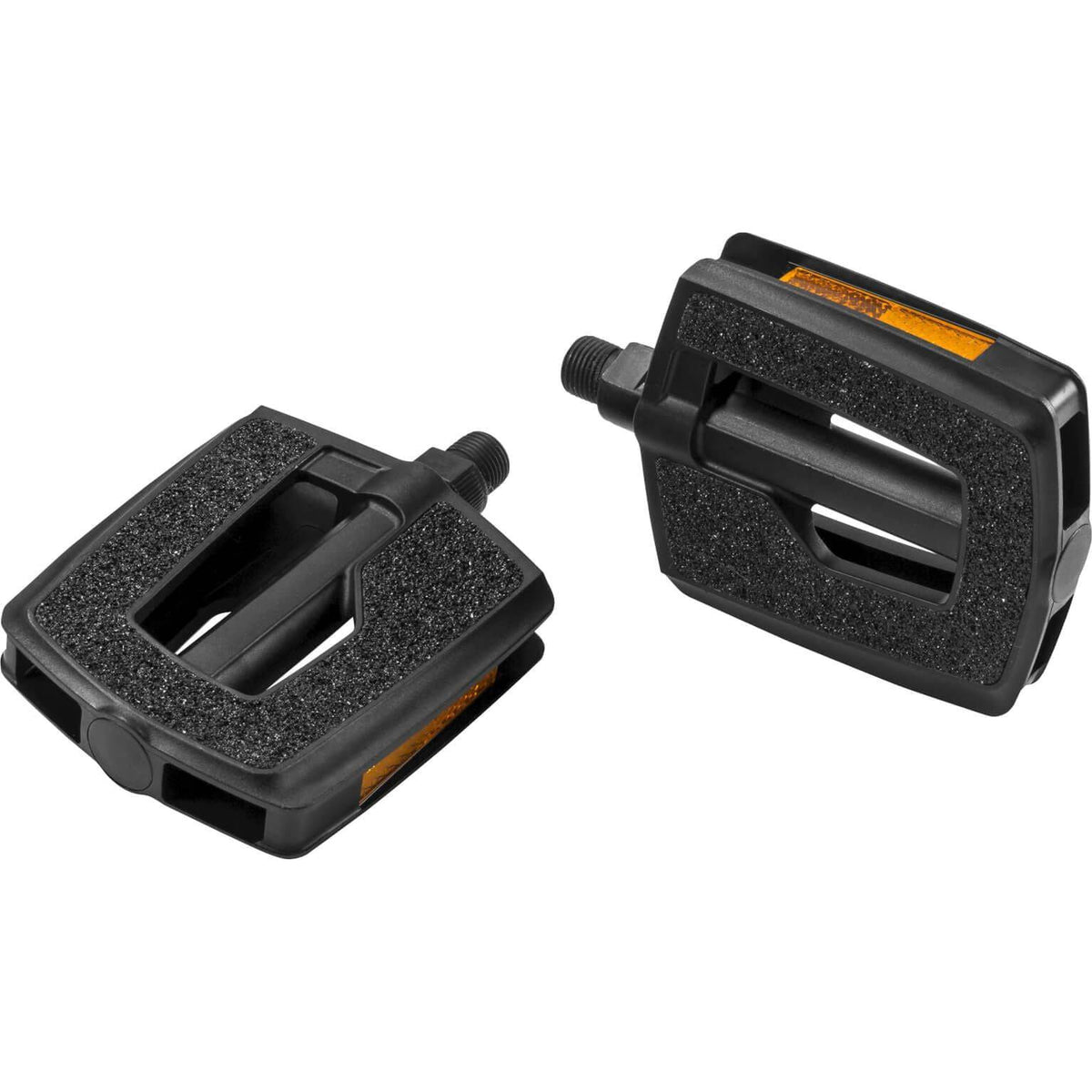 Zwarte Ergotec pedaalset met kogellagers, geschikt voor 9/16" cranks, geschikt voor fietsgebruik.