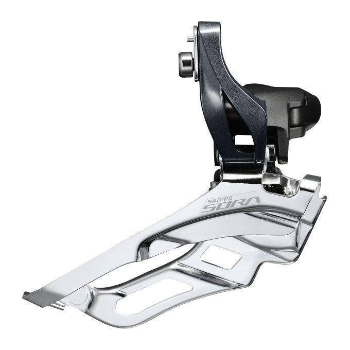 Shimano Sora FD-R3030 voorderailleur 3x9 snelheden, down-pull montage, geschikt voor racefiets, zichtbaar in de afbeelding