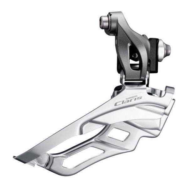 Shimano Claris FD-R2030 voorderailleur met klemband voor 3x8-speed fiets, zwart en bevestigingsmechanisme zichtbaar