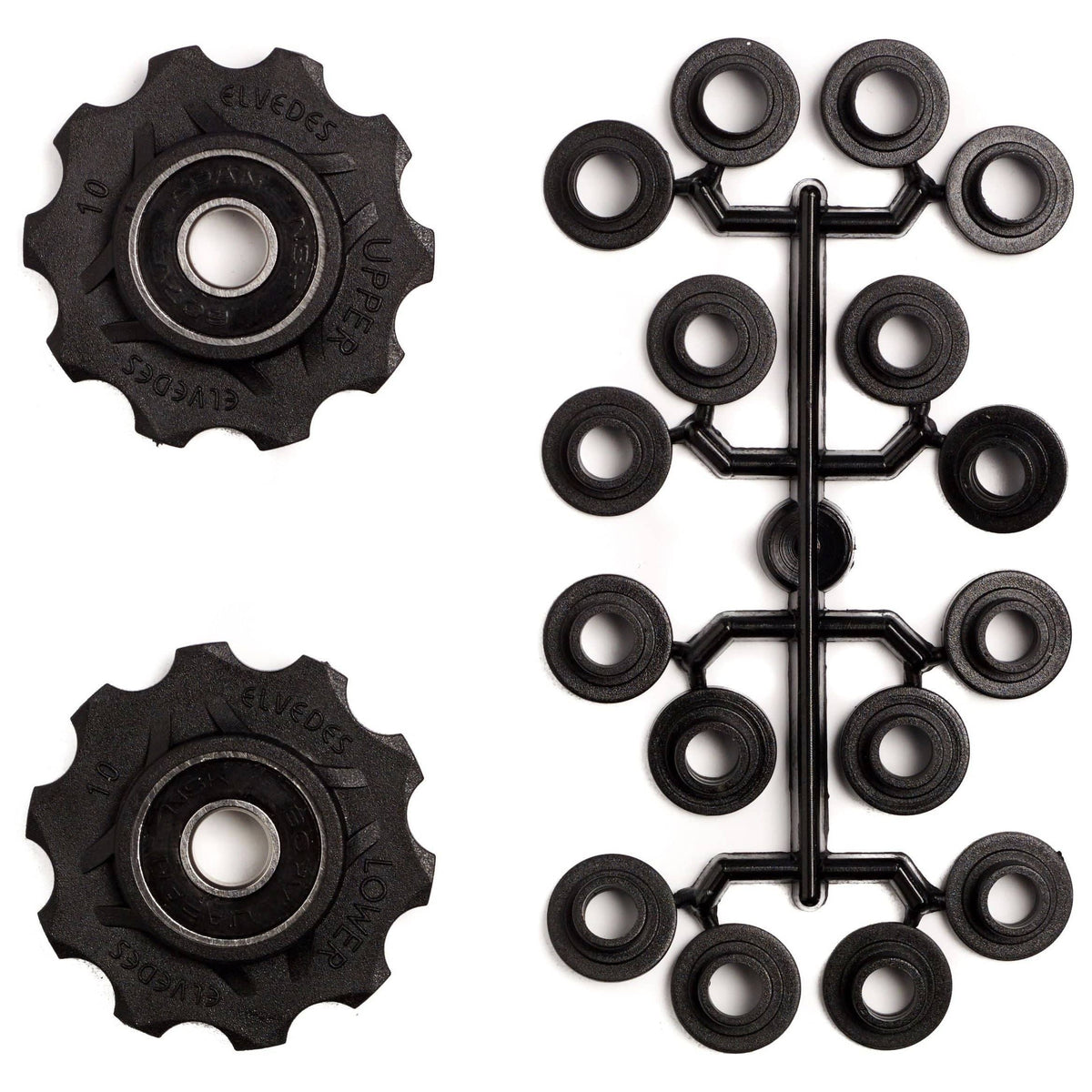 Elvedes derailleurwieltje 2x10T met standaard afgedichte lagers en spacers, geschikt voor fietsversnellingen.