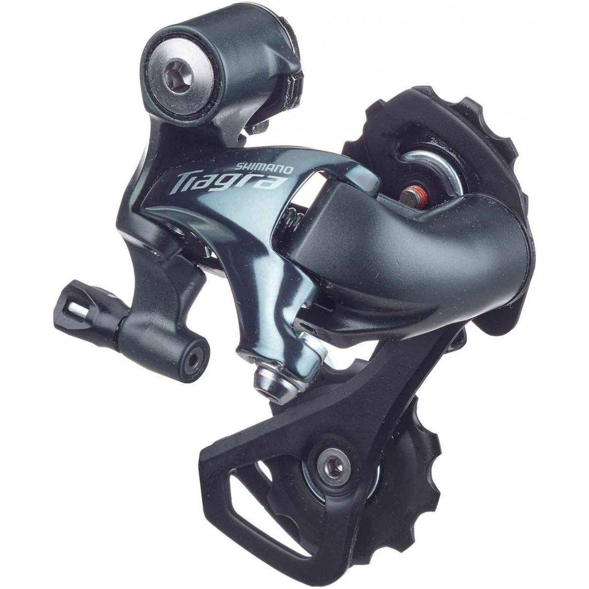 Shimano Tiagra 4700 achterderailleur voor 10-speed, zwart, geschikt voor 23-28T, zichtbaar met montage en schakelkabel.