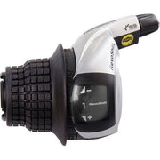 Shimano SL-RS45 Tourney 3-speed shifters links in zwart en zilver, voor soepel schakelen op fietsen.