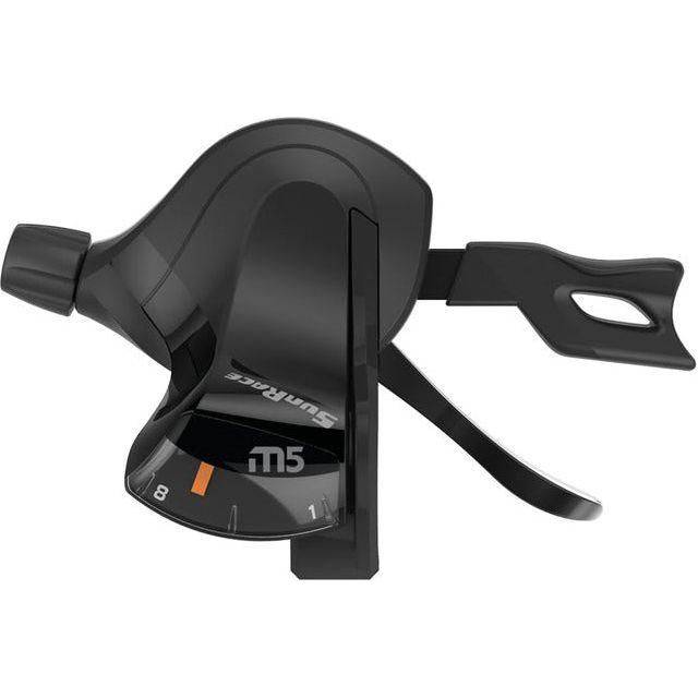 Linker duimversteller Sunrace Dlm503 voor 3-speed shifters, duidelijk zichtbaar met bedieningsknoppen en montagerail.