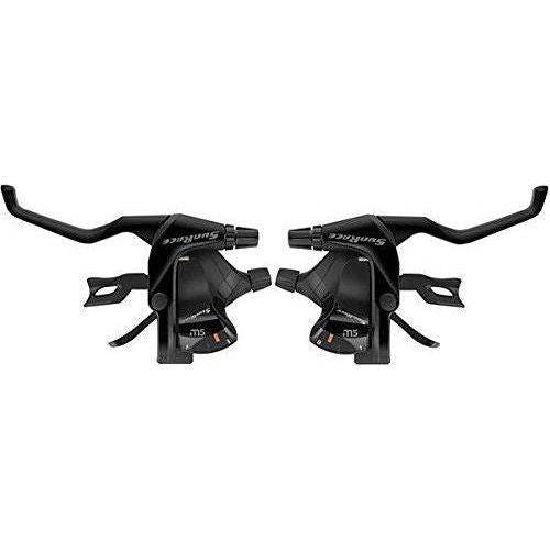 Sunrace verstellerset met remgrepen voor 8-speed schakelsysteem, inclusief STM503 shifters en bedieningselementen.