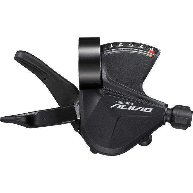 Shimano Alivio Sl-M3100 9-speed shifthersteller rechts met klem, geschikt voor mountainbike of racefiets, zwart en compacte knop.