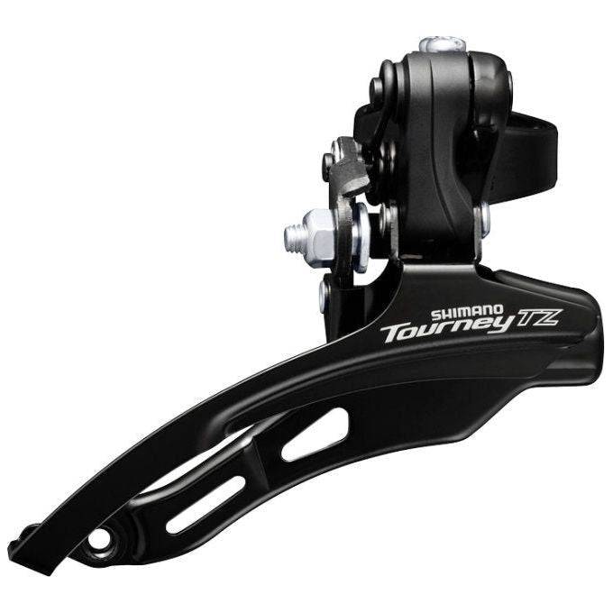 Shimano Tourney FD-TZ510 voorderailleur voor 6/7-speed fietsen, met down swing ontwerp en eenvoudige montage.