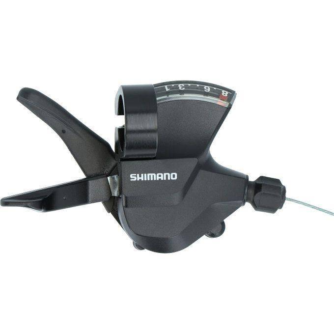Shimano Altus SL-M315 8-speed rechts shifthersteller in zwart, zichtbaar met bedieningsknoppen en kabelverbinding.
