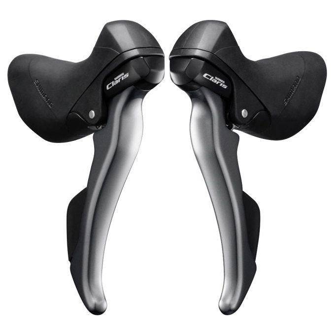 Shimano Claris ST-R2000 remhendelset voor 8-speed dubbele bediening in grijs en zwart, geschikt voor racefietsen.