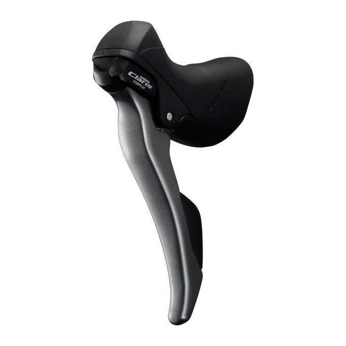 Shimano Claris ST-R2030 3-speed shifters in grijs en zwart, close-up van de links en bedieningsknoppen