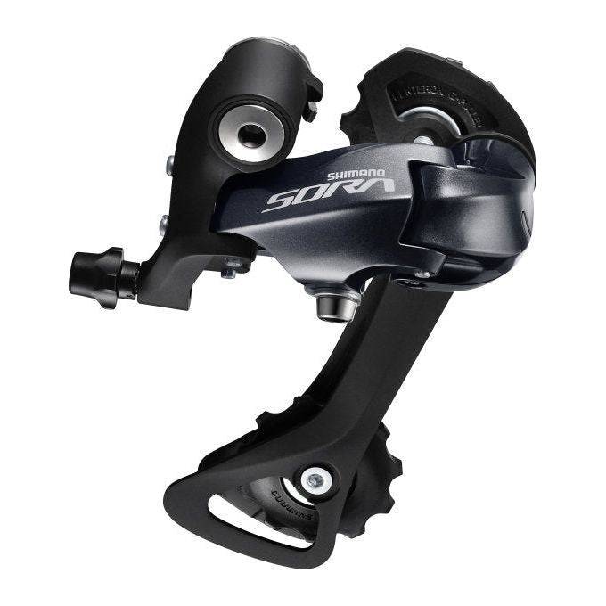 Shimano Sora RD-R3000 achterderailleur 9-speed GS in zwart, zichtbaar met mechanisme en montagemogelijkheden.
