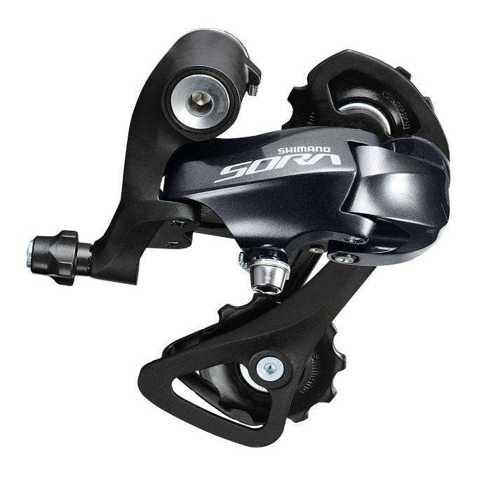 Shimano Sora RD-R3000 9-speed achterderailleur in zwart, zichtbaar met montagemogelijkheden en derailleurwiel.
