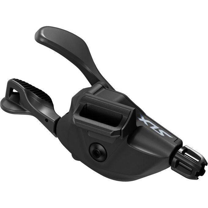 Zwarte Shimano SLX SL-M7100 12-speed shifter rechts, I-Spec Ev, voor mountainbike met bedieningshendel en kabel.