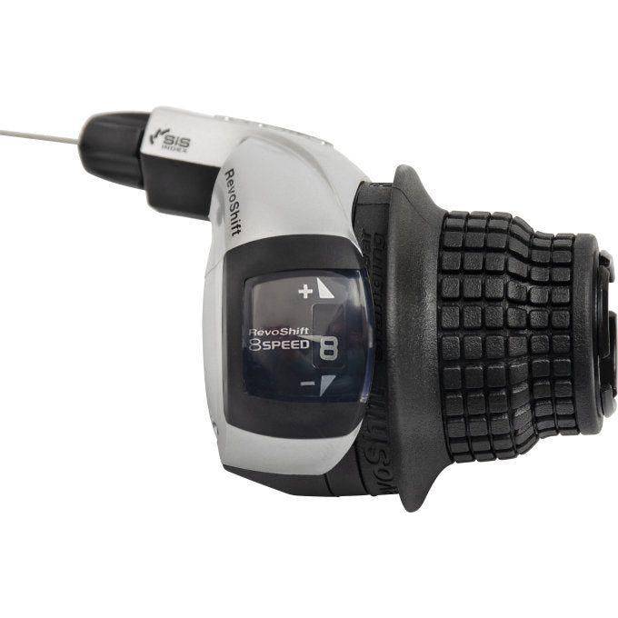 Shimano Tourney SL-RS45 8-speed rechts shifter in zwart en zilver, zichtbaar met draaiverteller en bedieningsknoppen.
