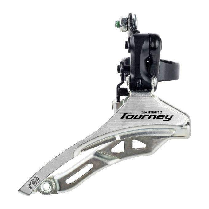 Shimano Tourney FD-TY300 voorderailleur voor 3x6/7-speed fietsen met down-pull en klem Ø34,9 mm, zichtbaar op de afbeelding.