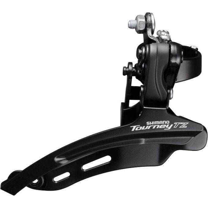 Shimano FD-TZ510 voorderailleur met hoge klem Ø28,6 mm voor 6/7-speed fietsen, zichtbaar met derailleur en kabelaansluiting