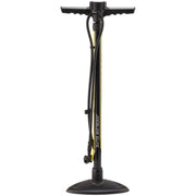 Topeak Joeblow Elite vloerpomp met stevige metalen voet en digitale drukmeter voor het oppompen van fietsbanden.