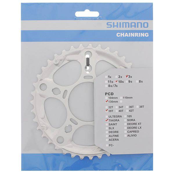 Shimano Tiagra Fc-4603 39T kettingblad met 5-arm ontwerp in zilver voor racefietsen en mountainbikes.