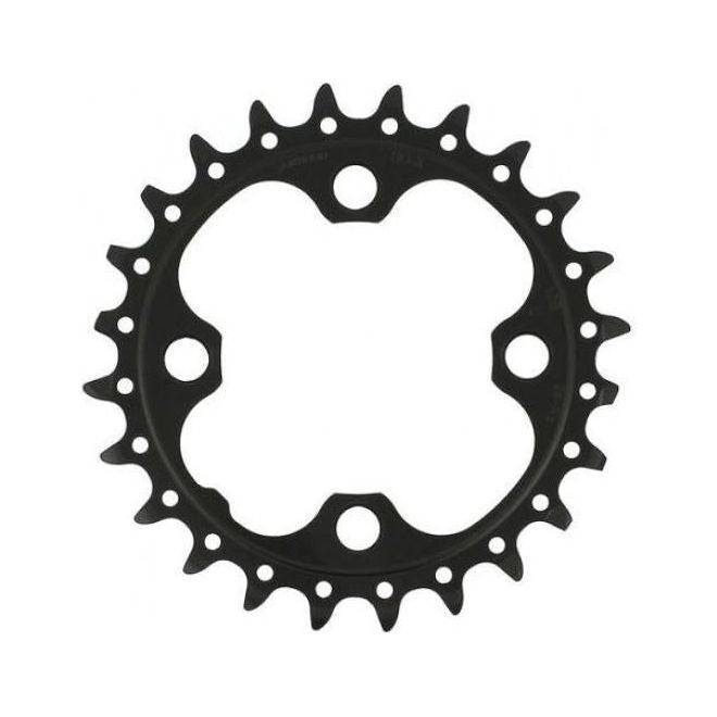 Shimano Deore LX/SLX FC-M675 24T kettingblad voor 10-speed fietsen, zwart en metalen ontwerp, zichtbaar in close-up.