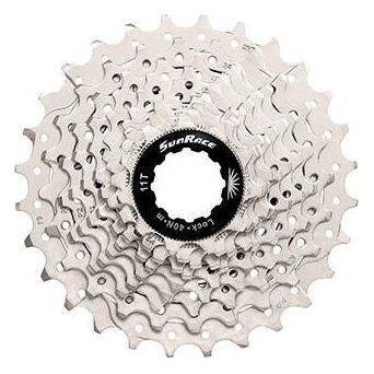 Zwarte Sunrace 10-speed cassette CSRS1 11-28T met metalen tanden voor racefietsen op de afbeelding.